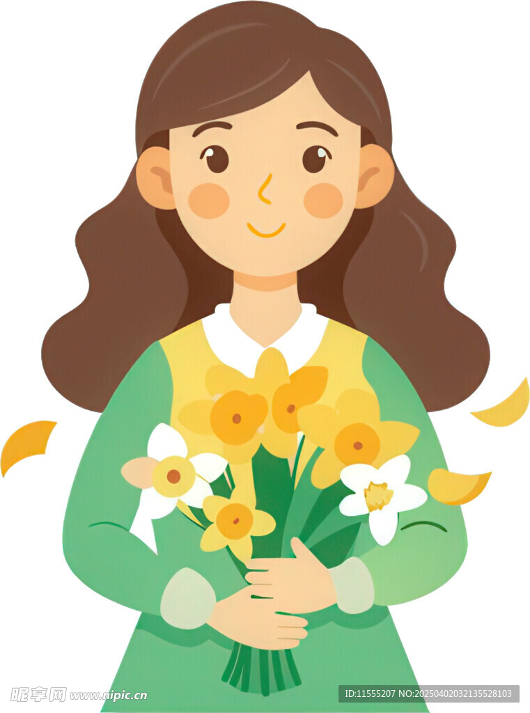 女孩捧花束笑容甜美灿烂免抠图