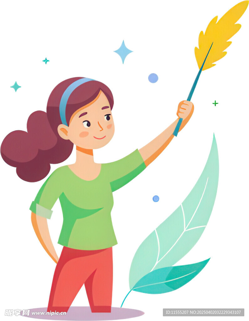女孩拿魔杖身旁飘飞羽毛免抠图