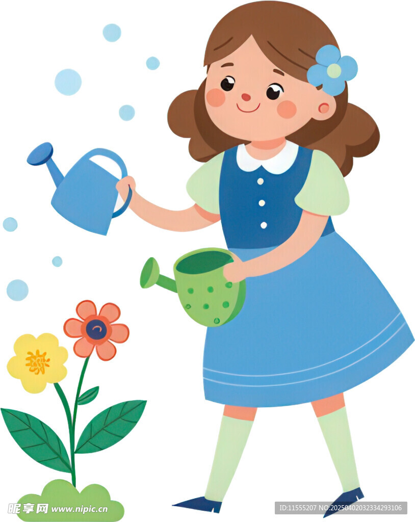 女孩浇花动作尽显温柔细致免抠图