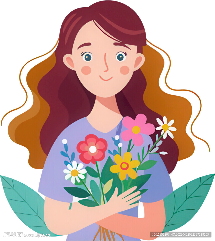 女孩捧鲜花笑容格外灿烂免抠图
