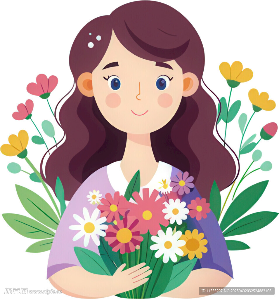 女孩抱鲜花面露灿烂笑容免抠图