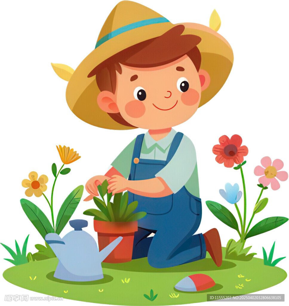 男孩花园园丁劳作种植花草忙