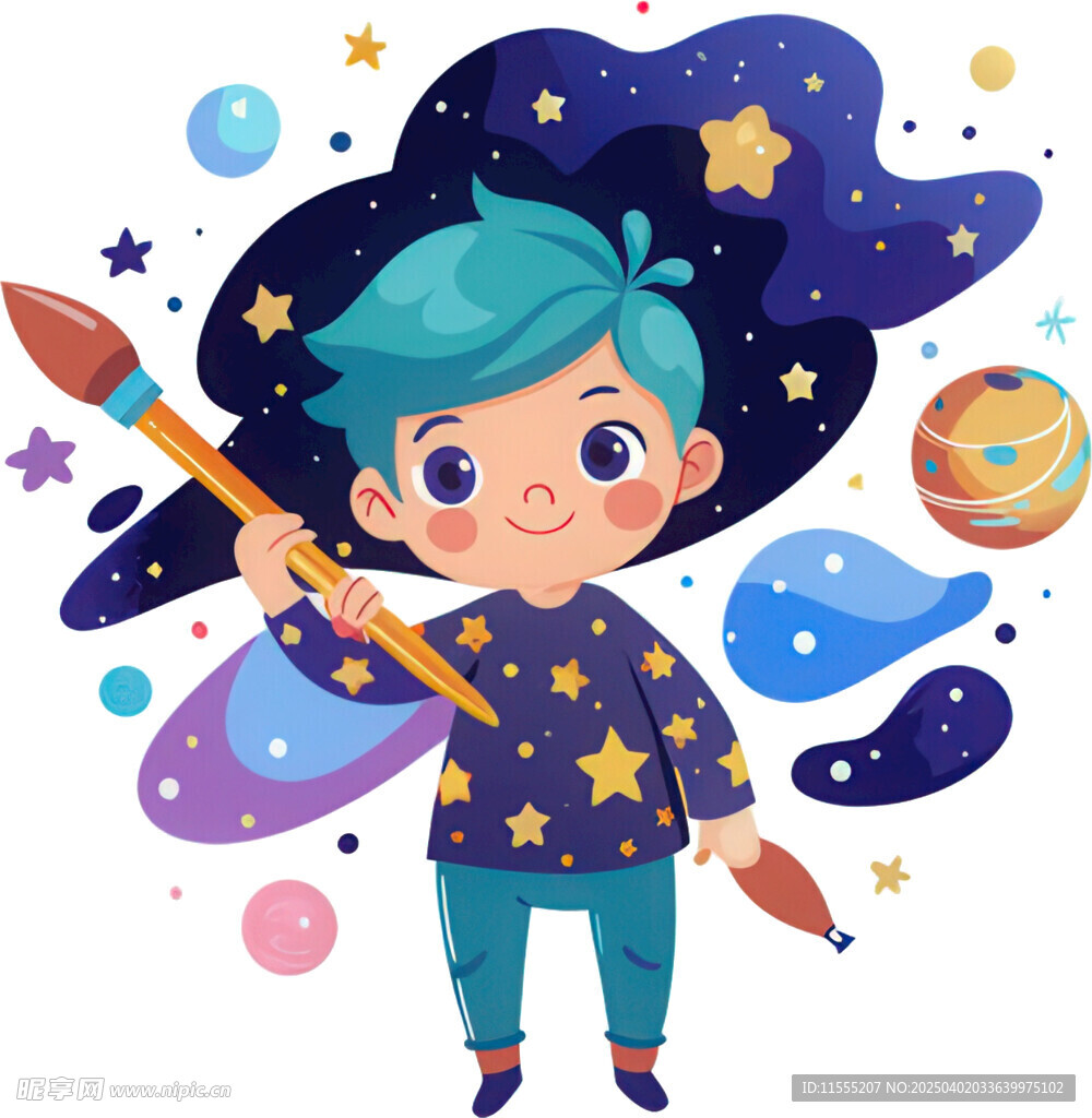 小孩画笔星空宇宙免抠图