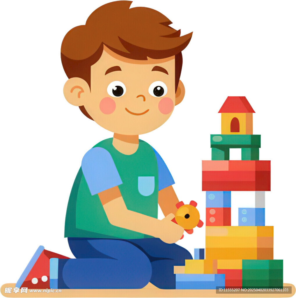 小孩搭积木与猫相伴免抠图