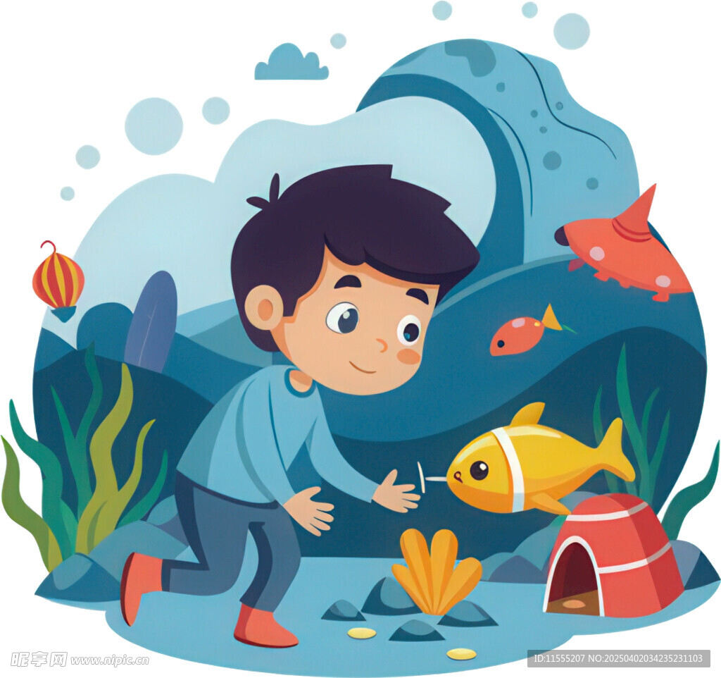 孩童扮潜水员海底探险免抠图