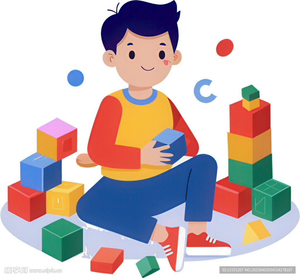男孩搭积木发挥创造才能免抠