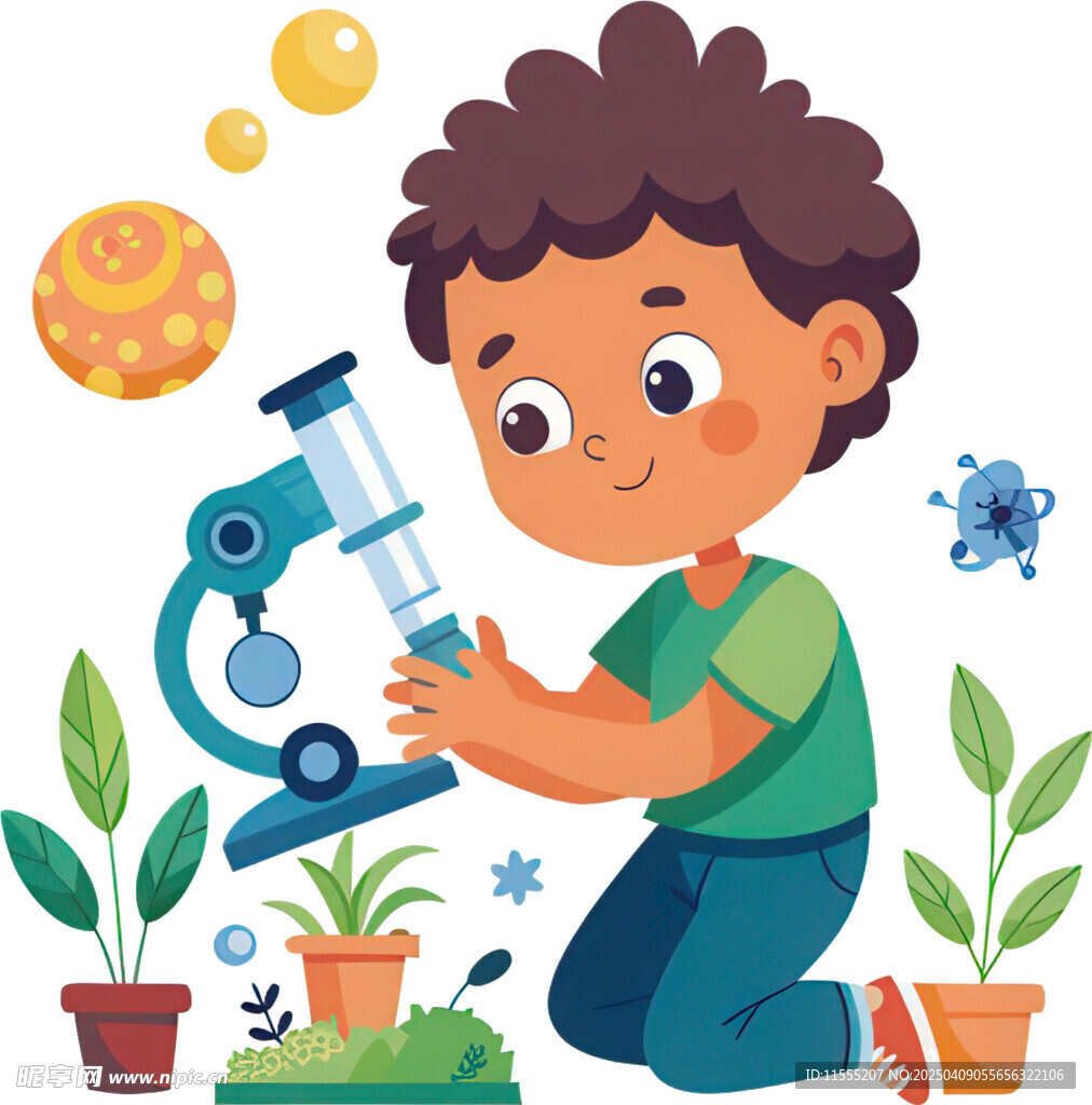孩子专注探索植物与科学显微镜