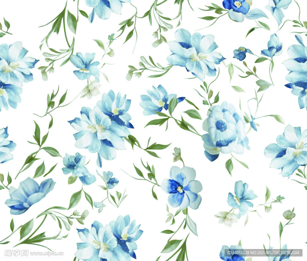 蓝白花卉水彩无缝图案