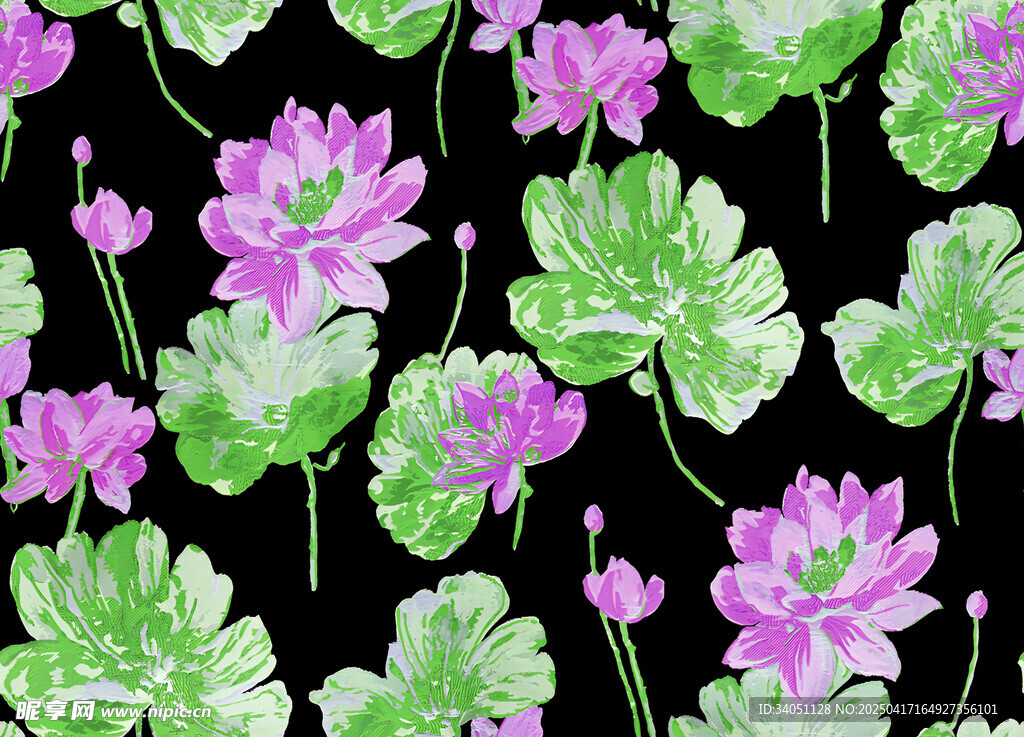 水墨风紫色荷花绿叶图案