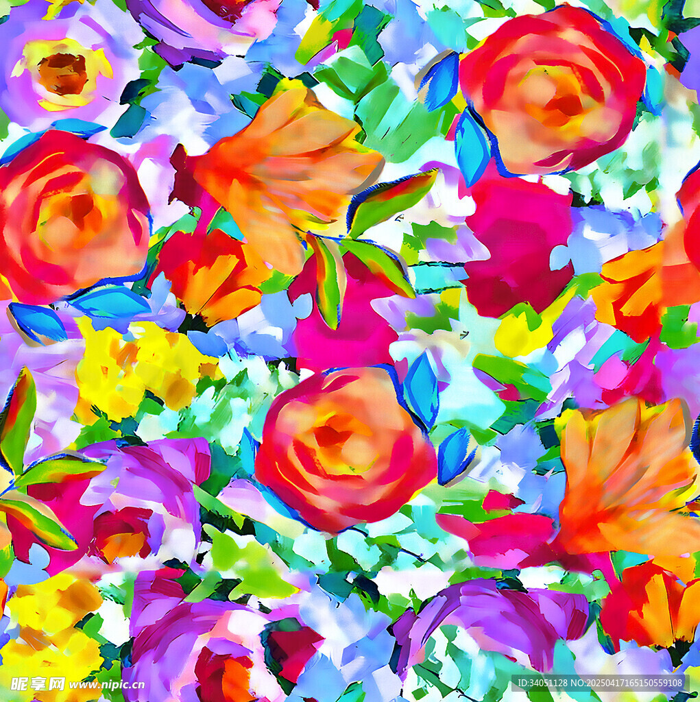 油画风缤纷多彩花卉图案