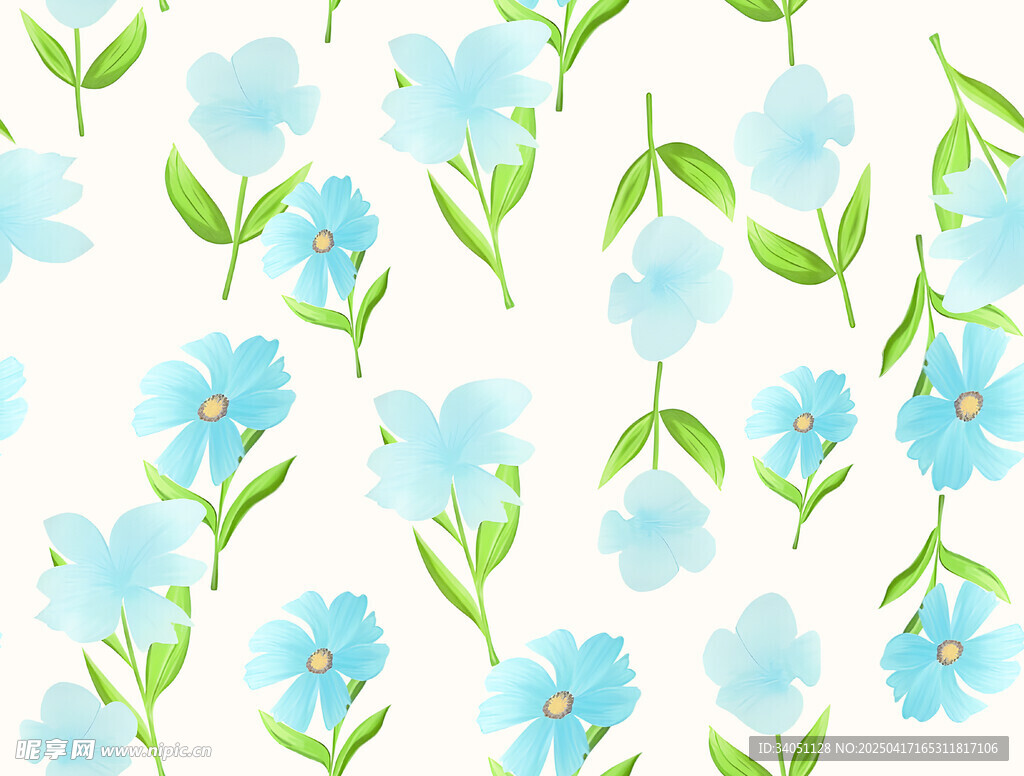 蓝色小花绿叶无缝图案