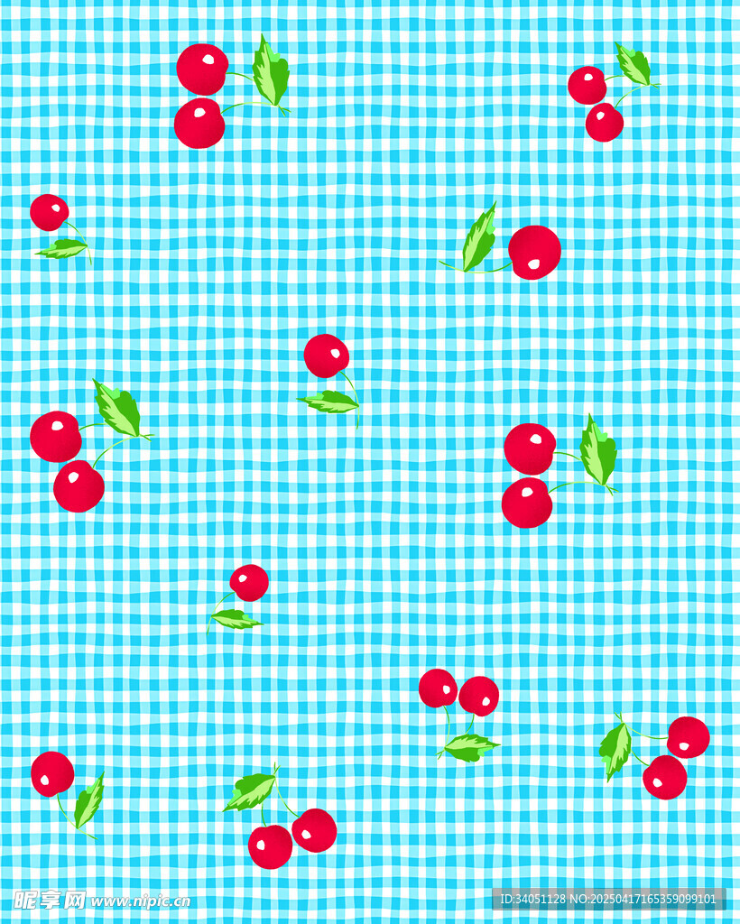 蓝底格纹樱桃图案背景