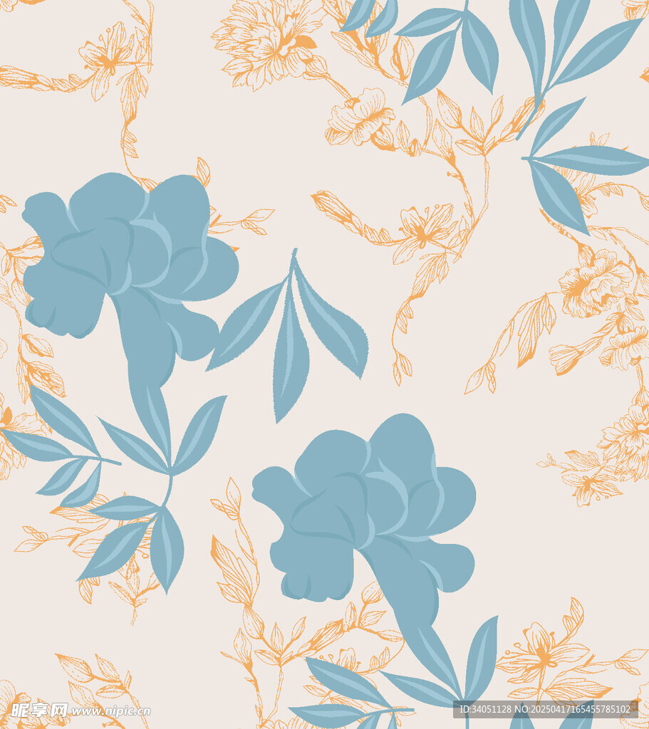 国风蓝黄花卉图案背景纹理