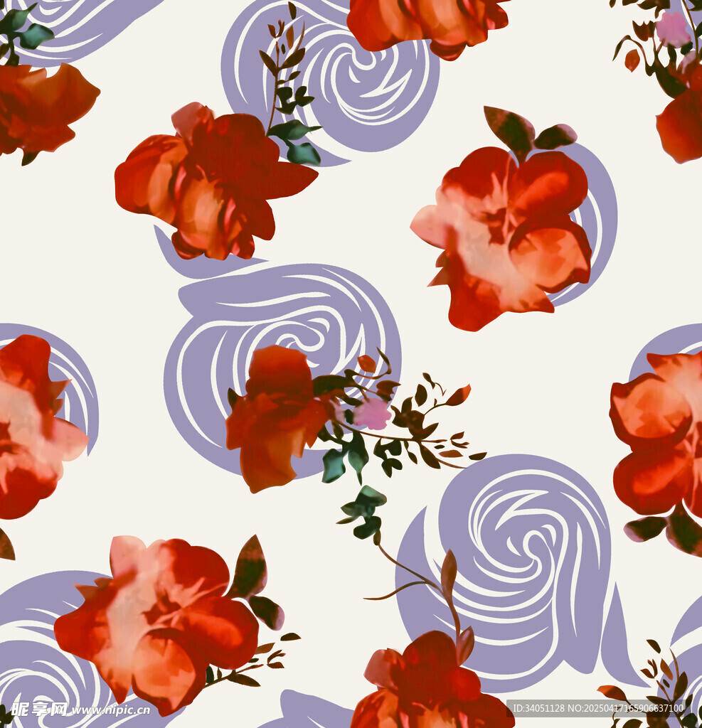 玫瑰漩涡图案印花设计
