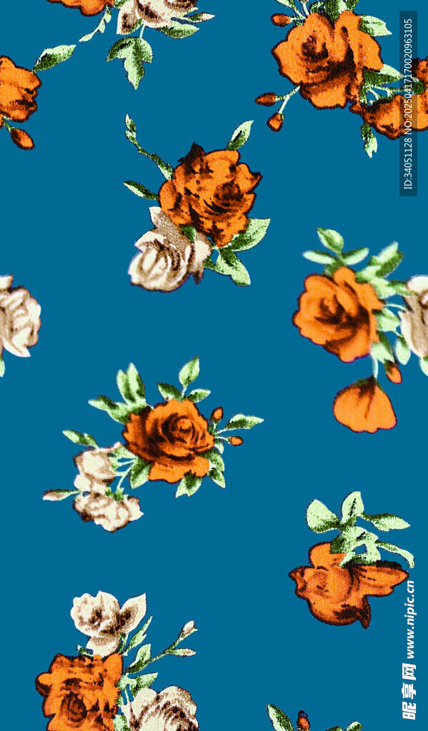 蓝色底花卉图案印花