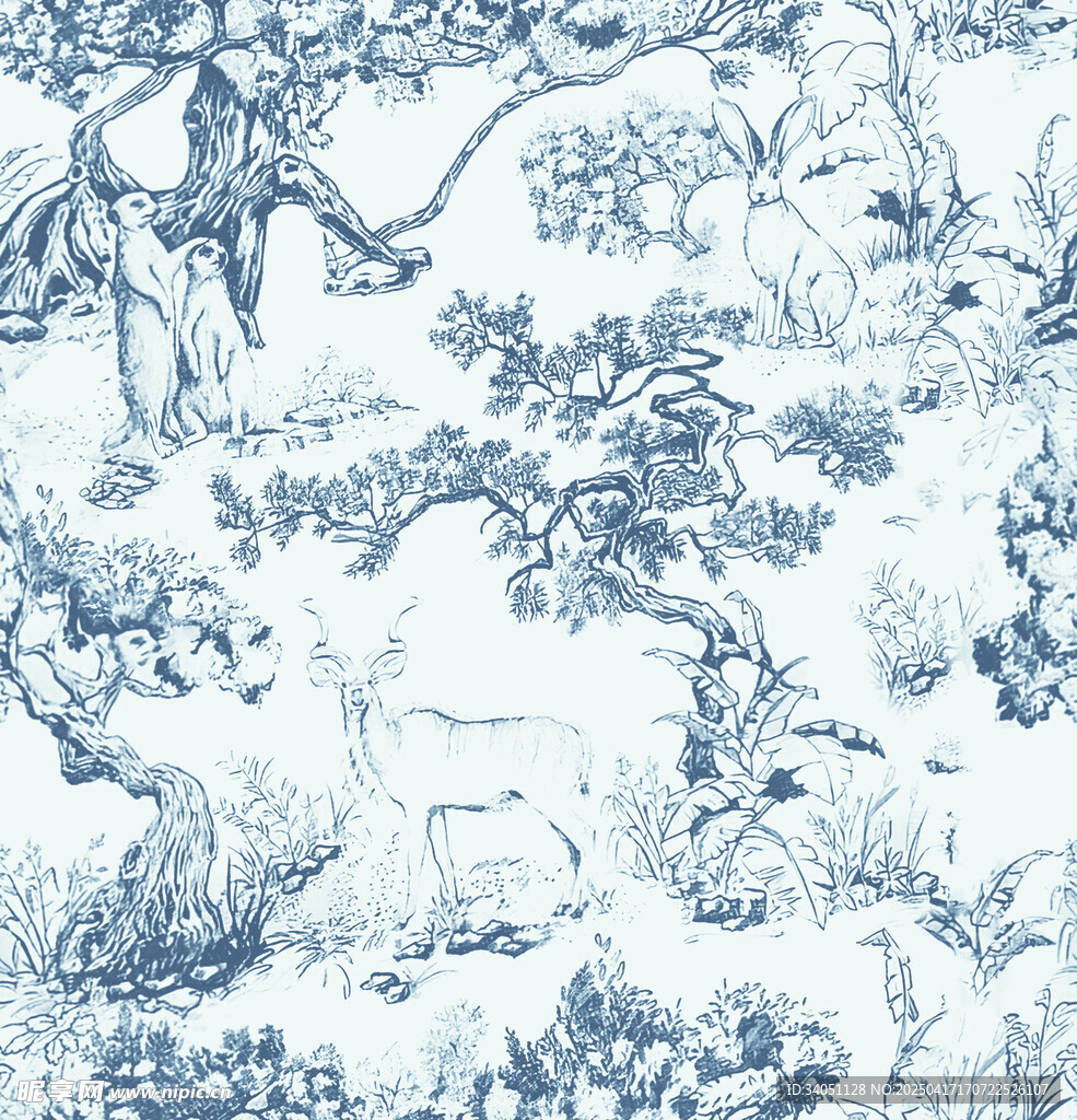 蓝白中式山水纹织物图案