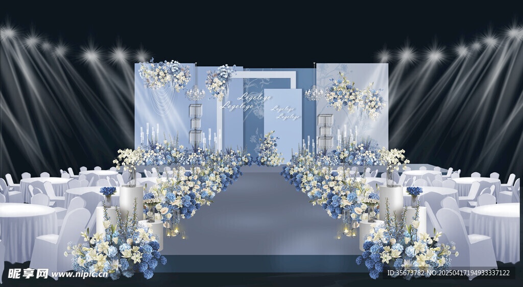 浪漫蓝白色系婚礼舞台布置