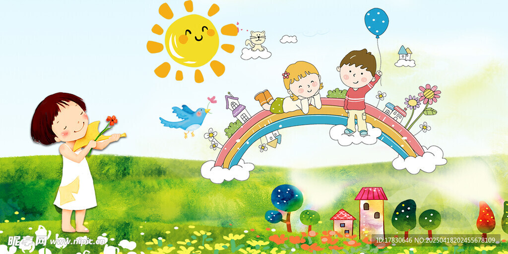 儿童在梦幻草地欢乐玩耍