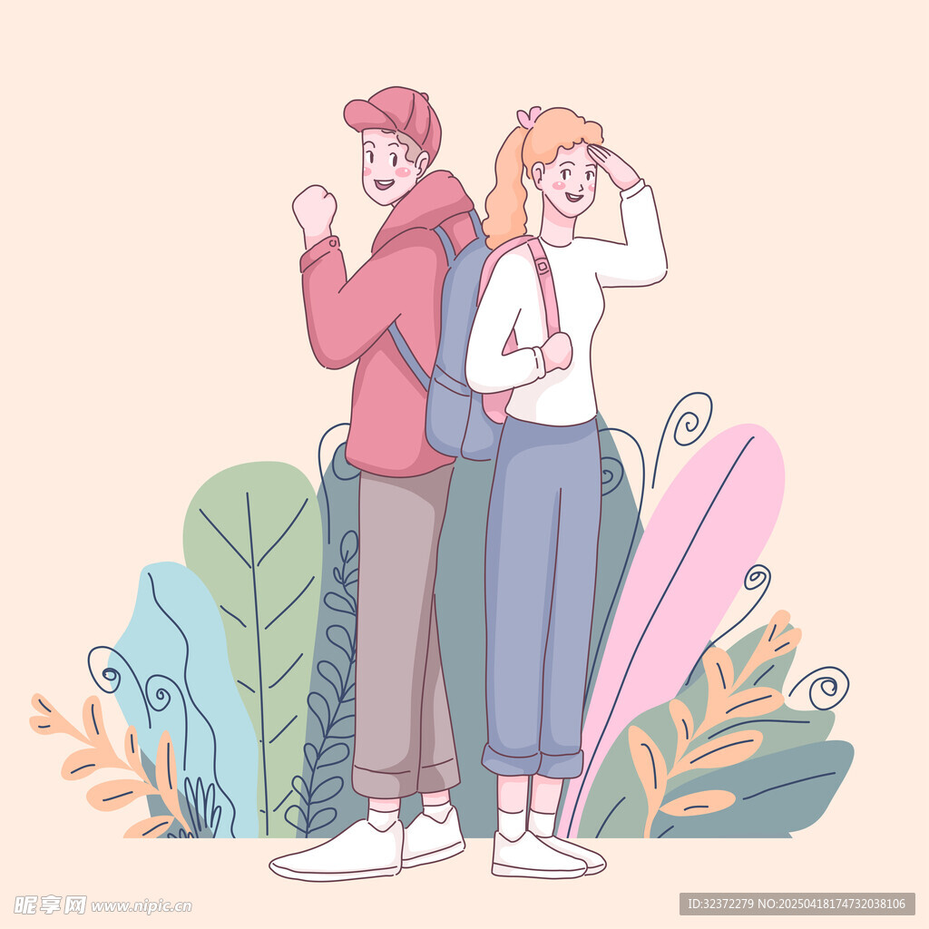 漫步的情侣与绿植相伴