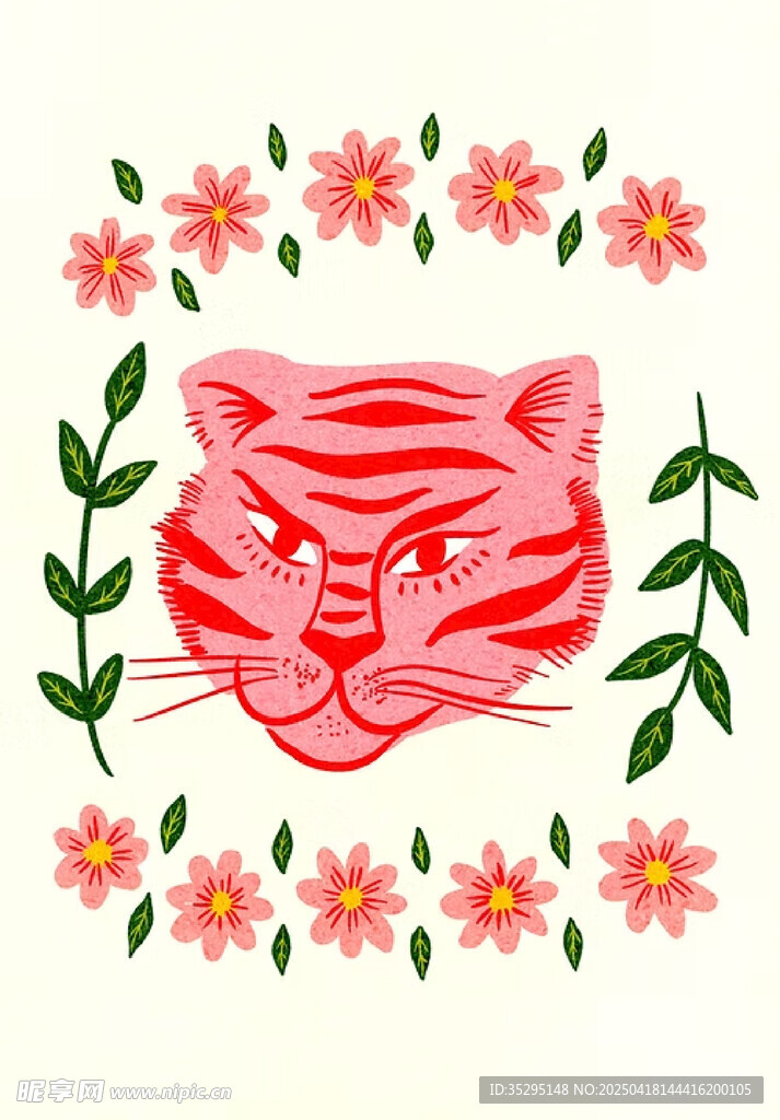 花卉环绕的老虎头像插画