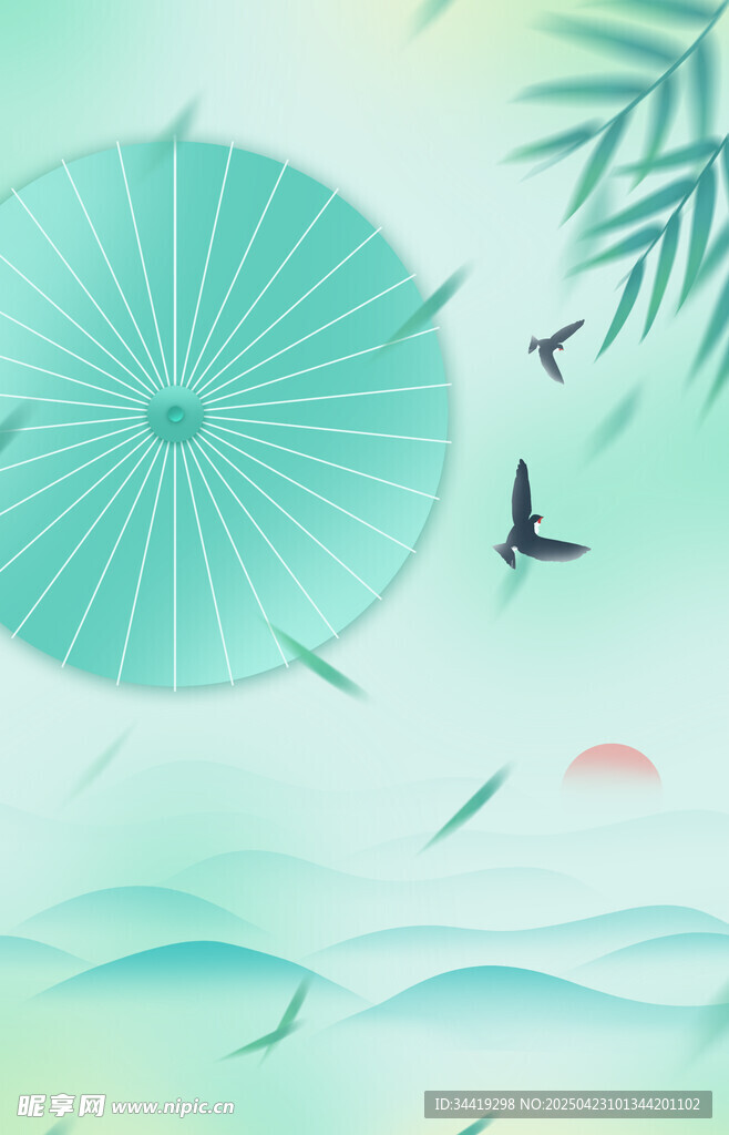 古风山水间的纸伞飞鸟景