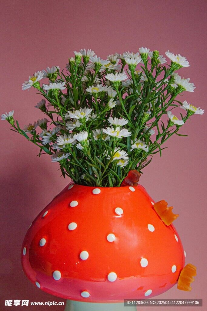 波点花瓶插满小白花