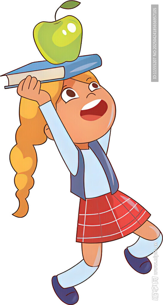 女孩头顶书本与青苹果