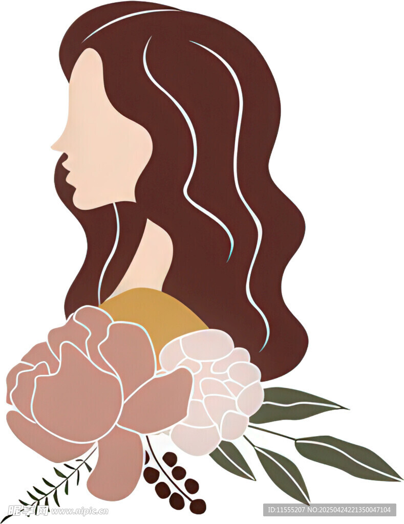 长发女子与花卉插画
