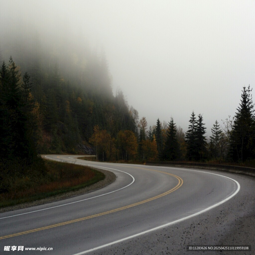 山间雾中蜿蜒公路美景