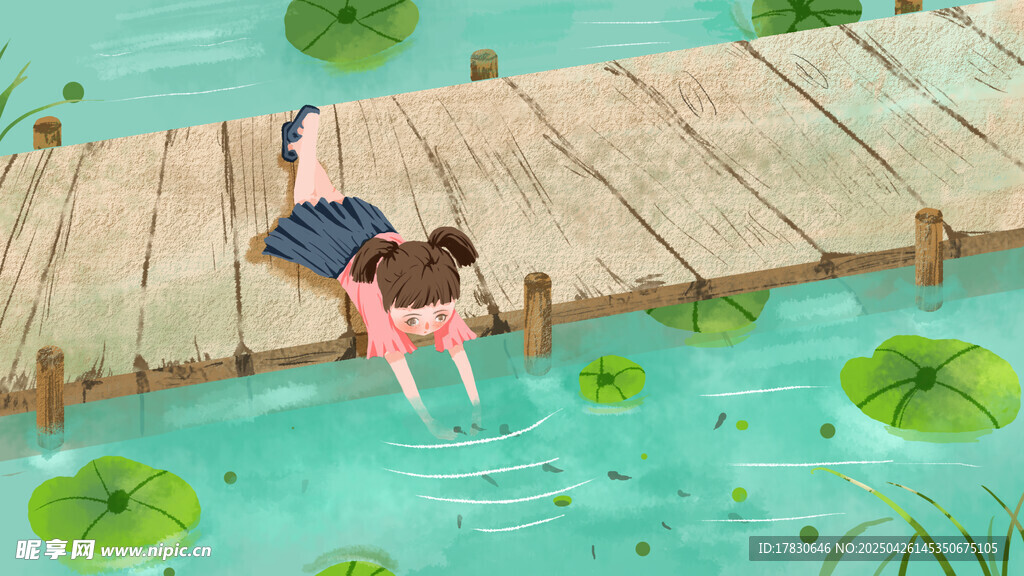 女孩于木桥边水中嬉戏