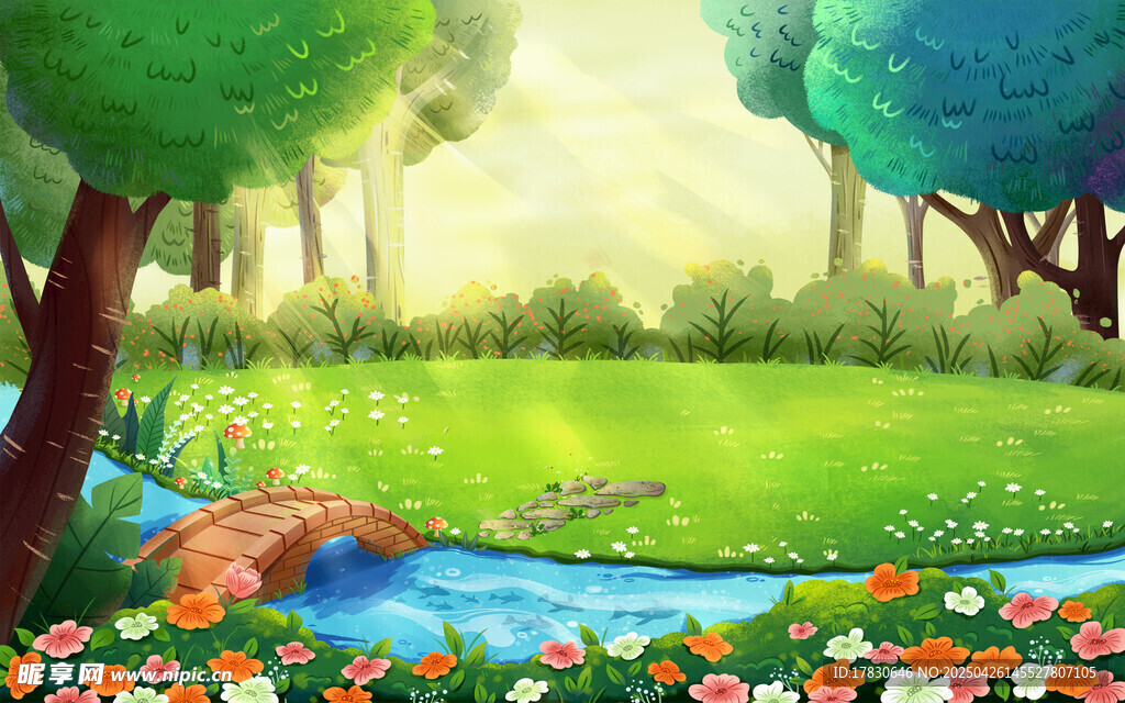 阳光照耀下的美丽溪边花园