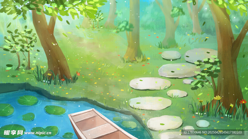 森林中的静谧小船与小径