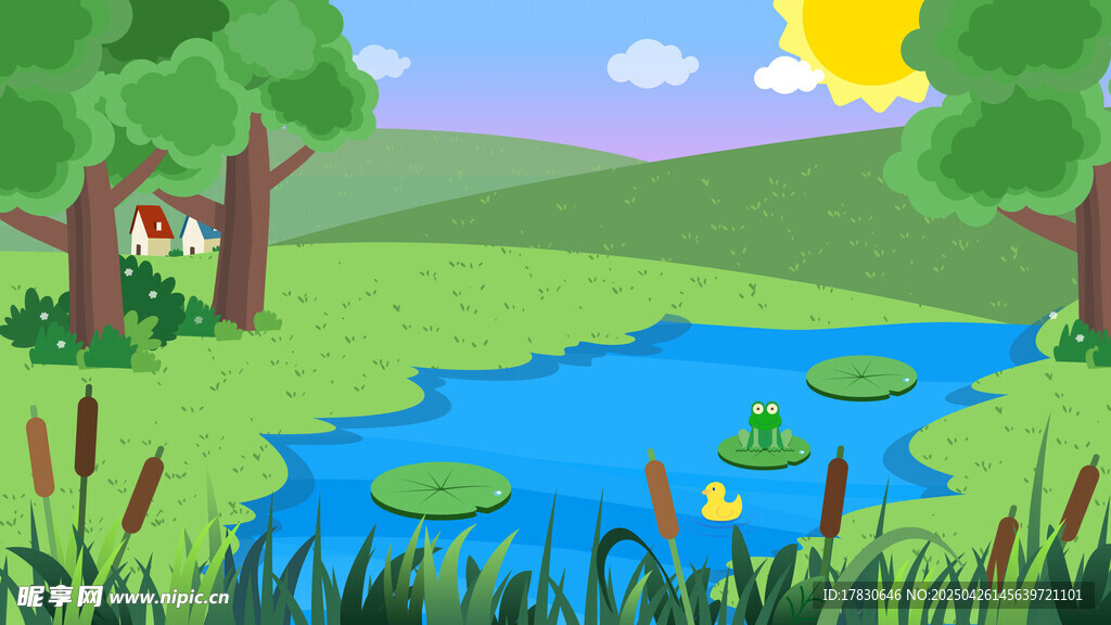 夏日田园池塘风景图