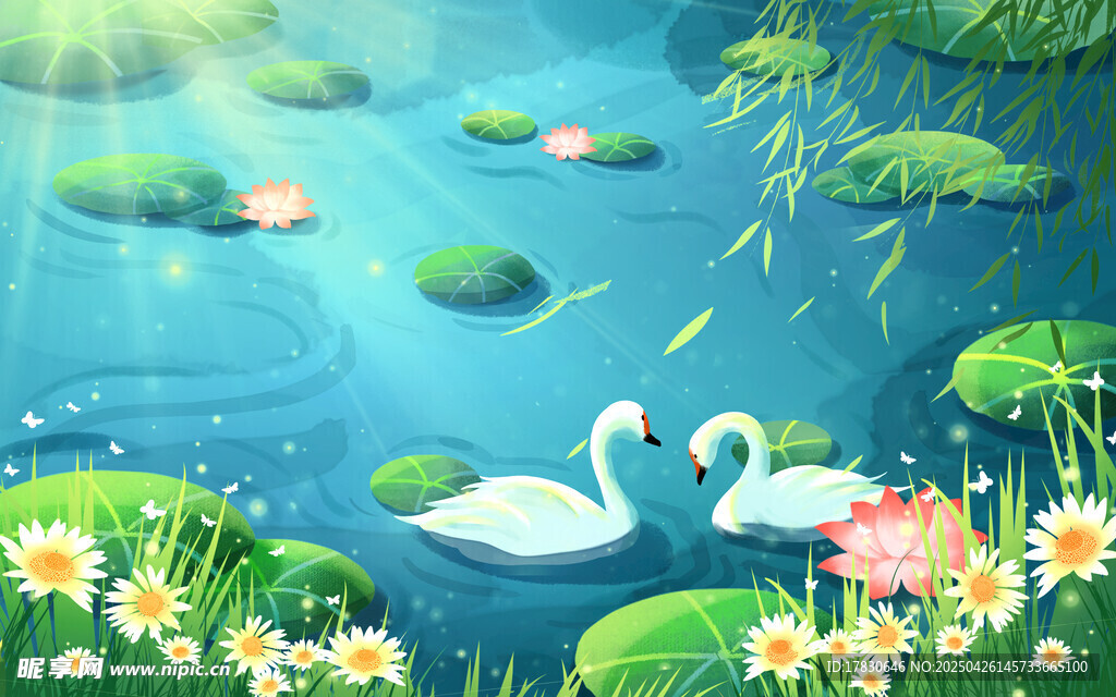 湖畔天鹅与睡莲的梦幻景致