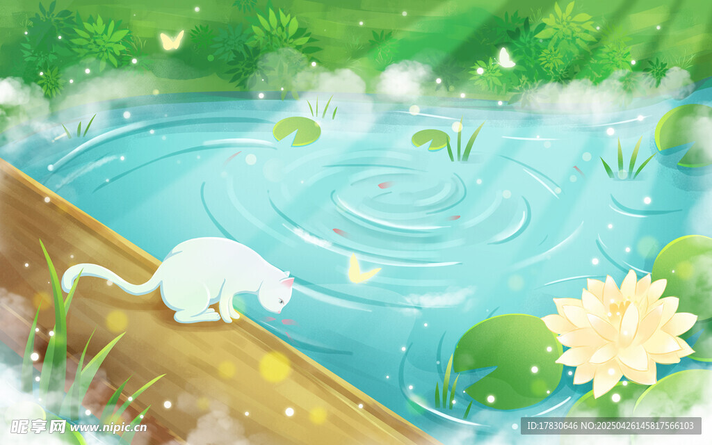 池塘边的小白猫与睡莲