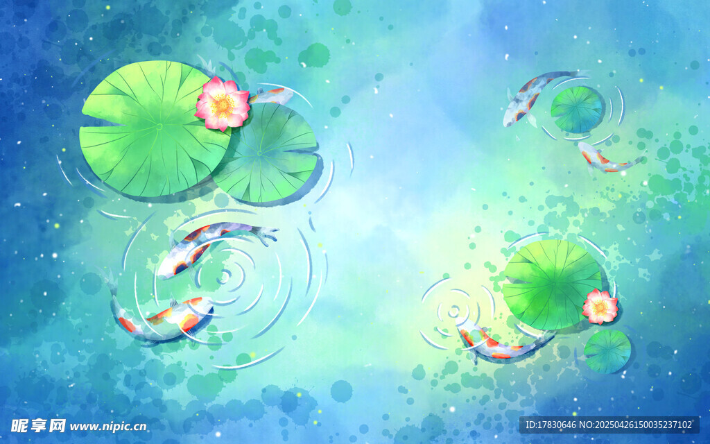 荷塘锦鲤嬉戏图