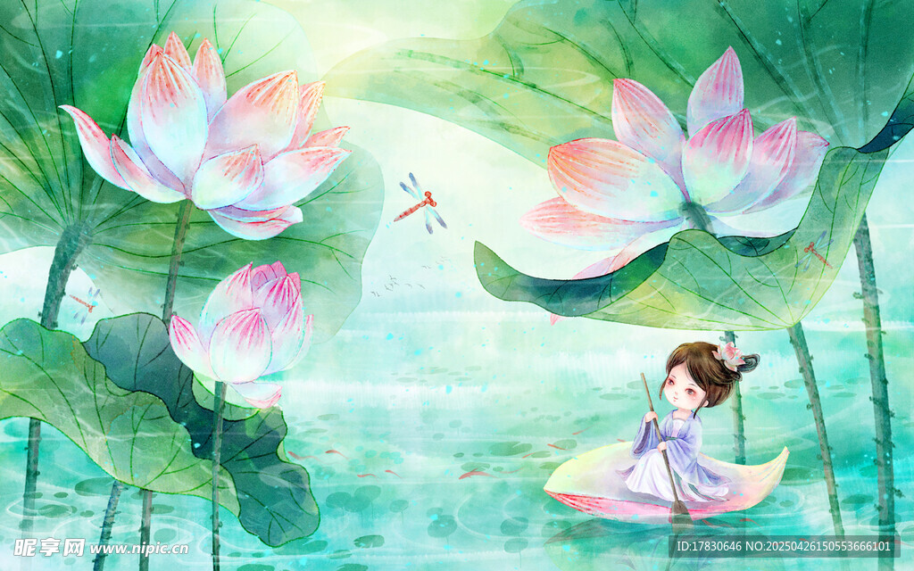 荷塘泛舟少女唯美画面