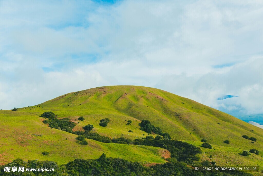 翠绿山丘与蓝天白云美景
