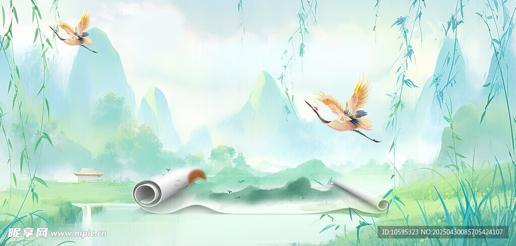 春日湖景飞鸟图