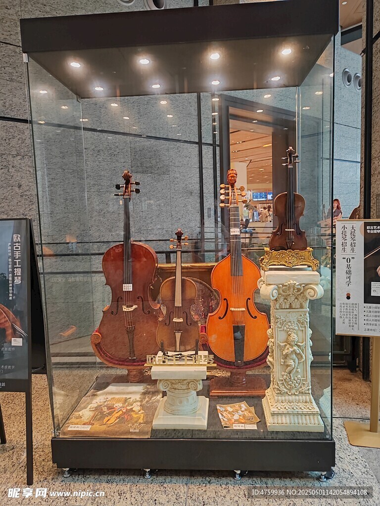 玻璃柜中的精美弦乐器