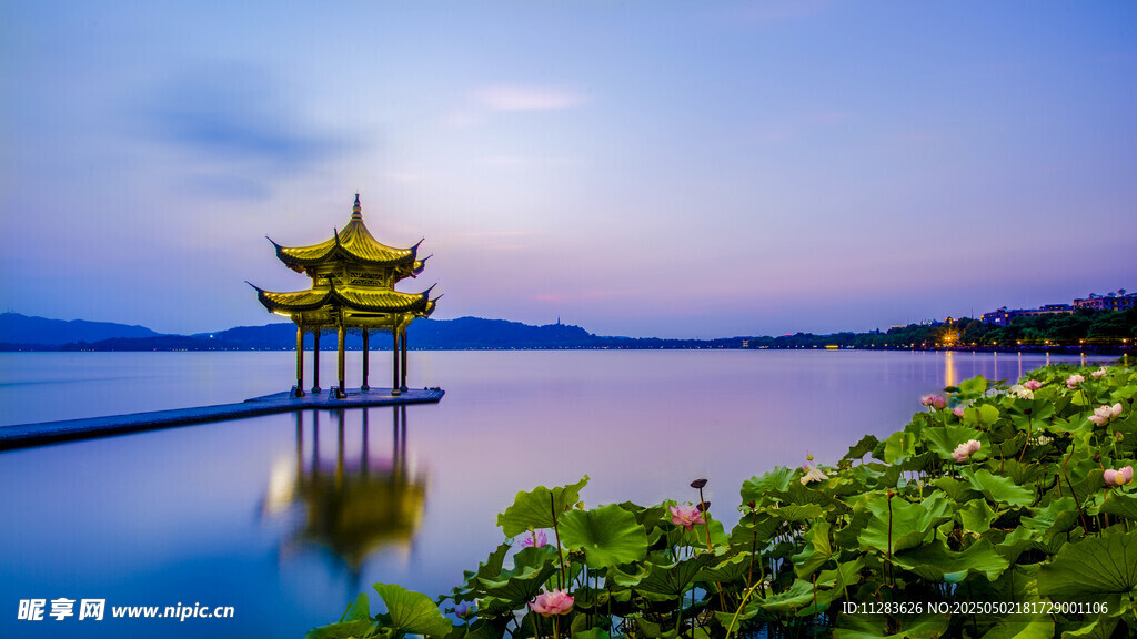 湖畔古亭夜景