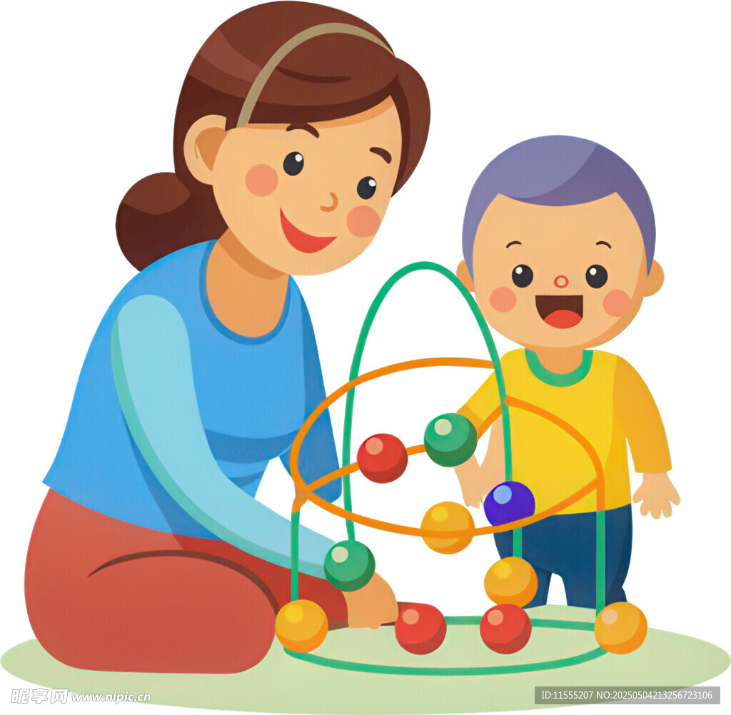 母亲陪孩子玩彩色玩具架