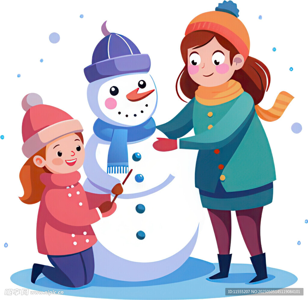 冬日母女开心堆雪人