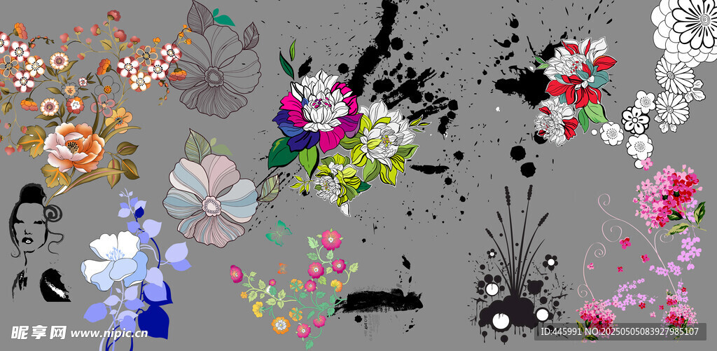 多彩花卉泼墨艺术图案