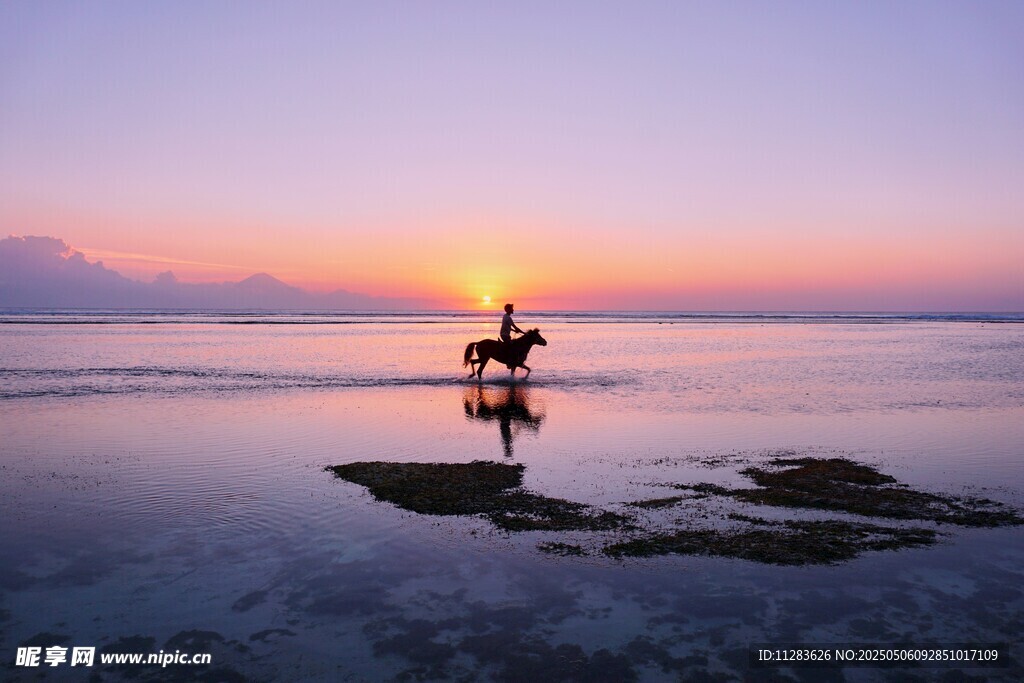 夕阳下海边的浪漫骑马时刻