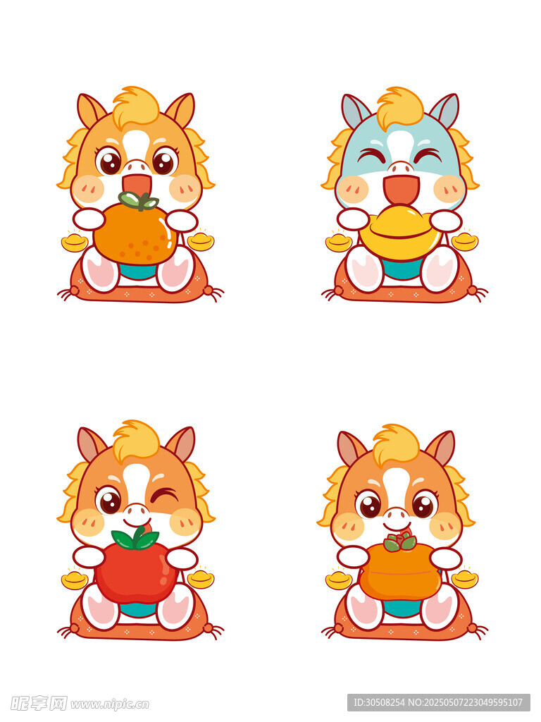 喜庆的萌马卡通头像插画设计