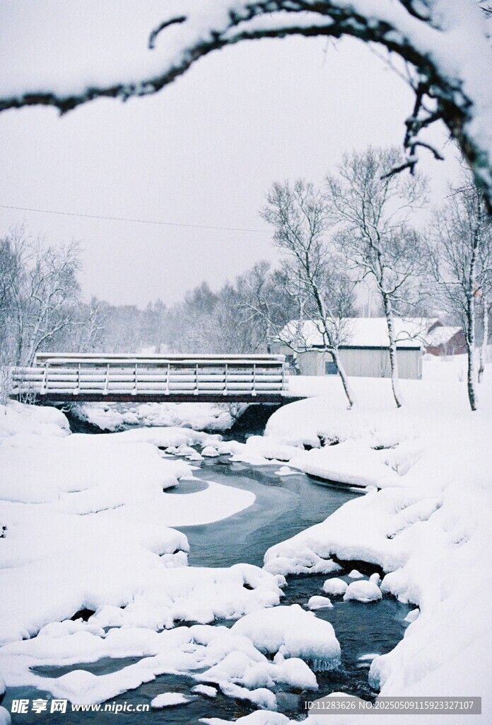 冬日雪景中的河流与桥梁
