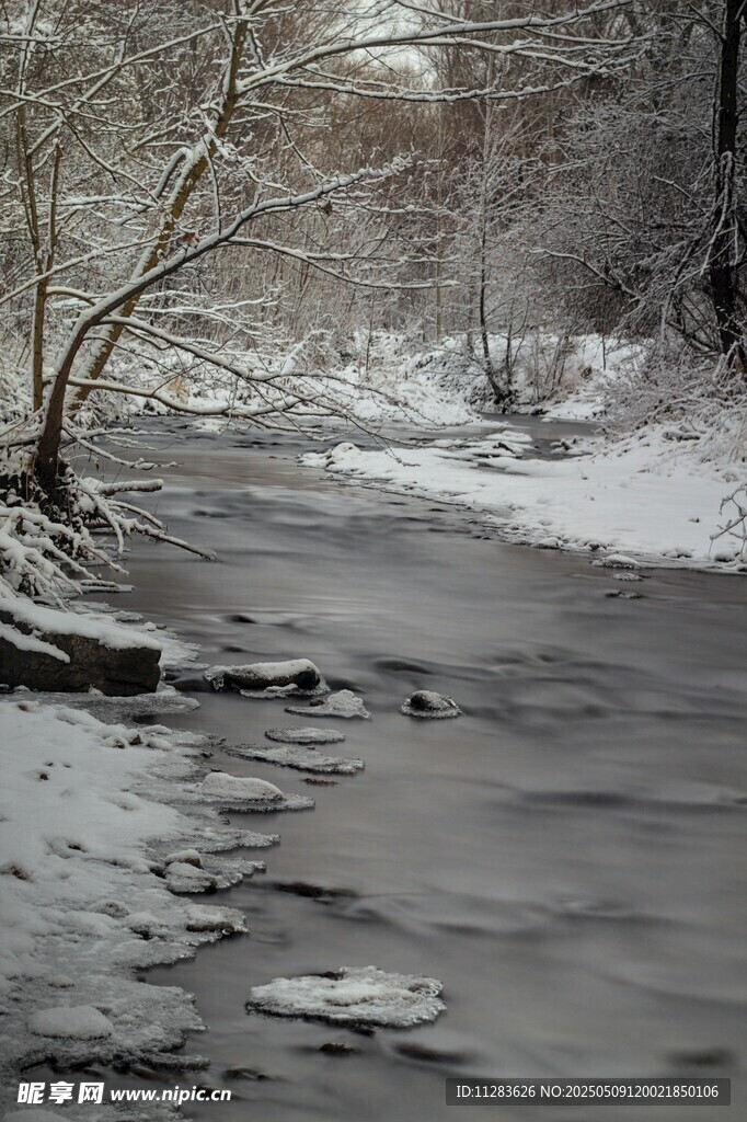 冬日冰封溪流雪景图