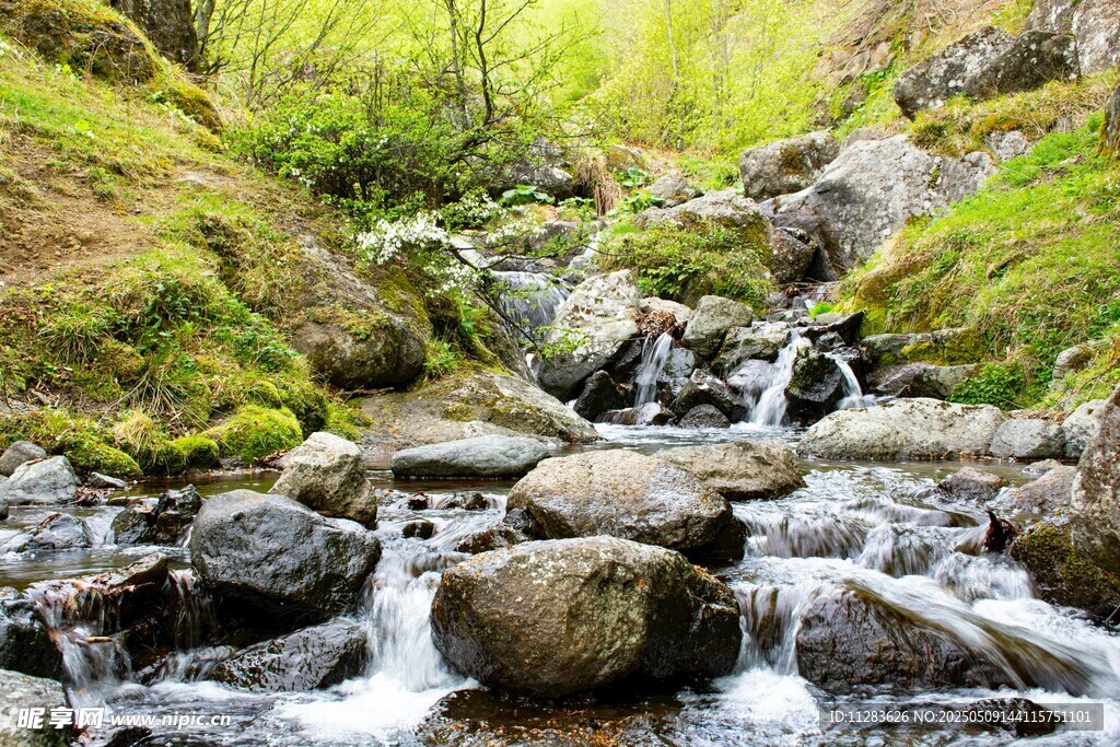 山间溪流潺潺的自然美景