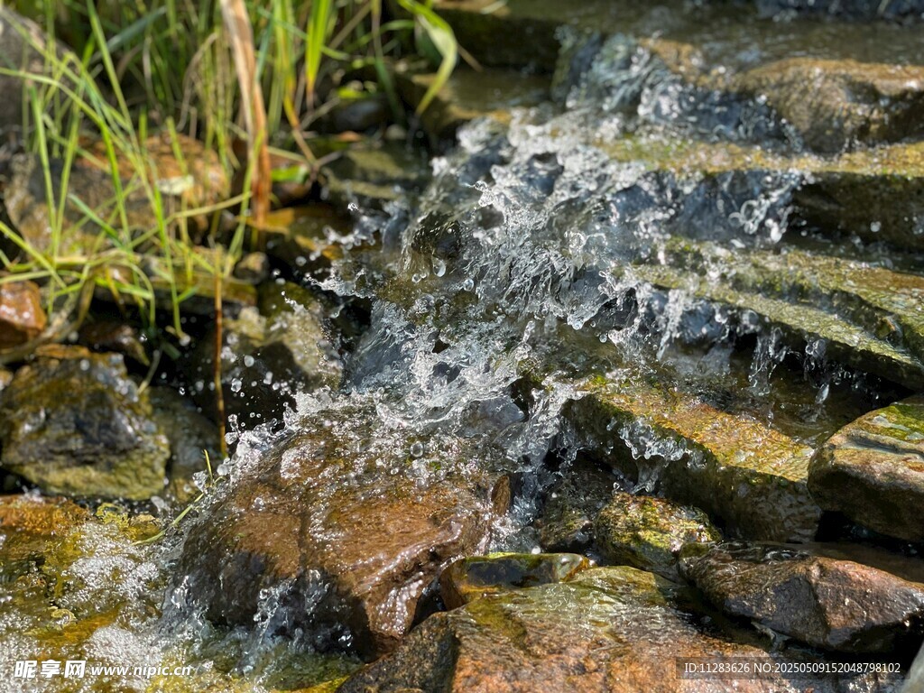 山间溪流潺潺流过石块